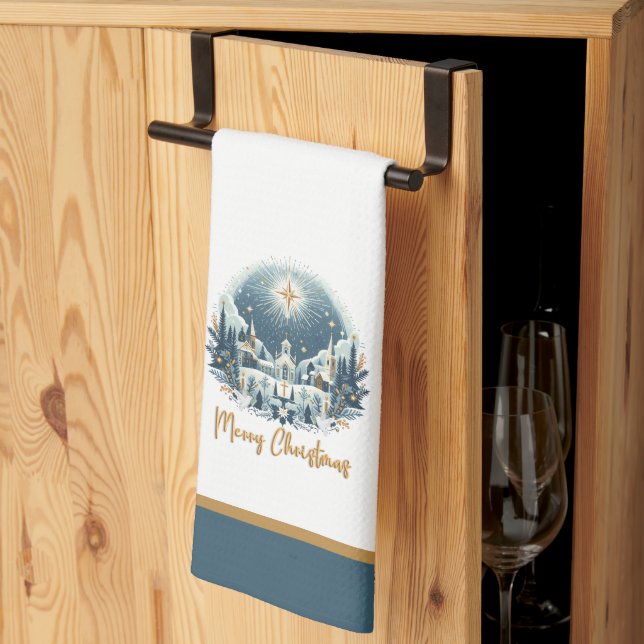 Merry Christmas blue and gold  Tea Towel (Thirds Fold)