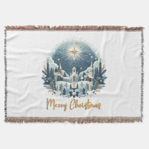 Merry Christmas blue and gold Throw Blanket