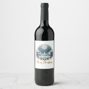 Merry Christmas blue and gold Wine Label