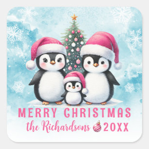 Merry Christmas Blue and Pink Cute Penguins Square Sticker