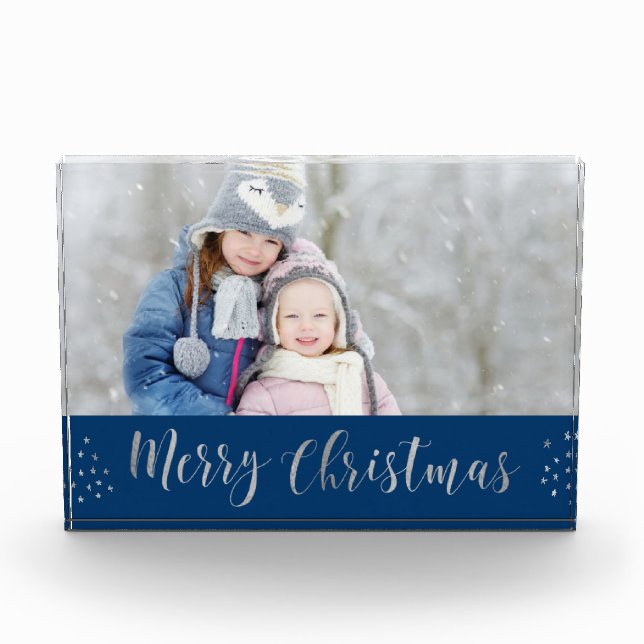 Merry Christmas Blue and Silver Foil Stars Photo (Front)
