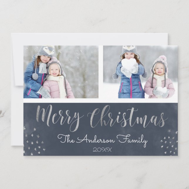 Merry Christmas Blue and Silver Foil Stars Photo Holiday Card (Front)