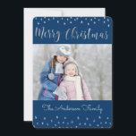 Merry Christmas Blue and Silver Foil Stars Photo Holiday Card<br><div class="desc">Merry Christmas Blue and Silver Foil Stars Photo Card. The picture and family name can be replaced on the blue and silver Merry Christmas Card.</div>