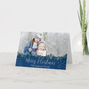 Merry Christmas Blue and Silver Foil Stars Photo Holiday Card