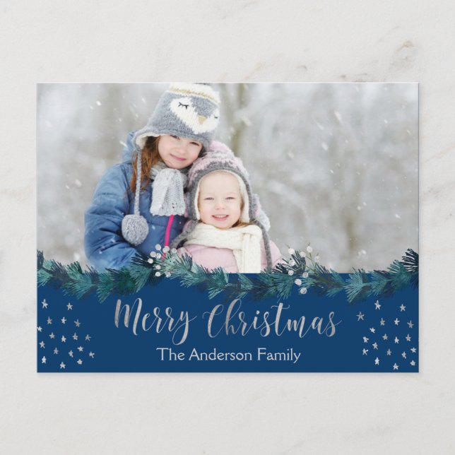 Merry Christmas Blue and Silver Foil Stars Photo Holiday Postcard (Front)