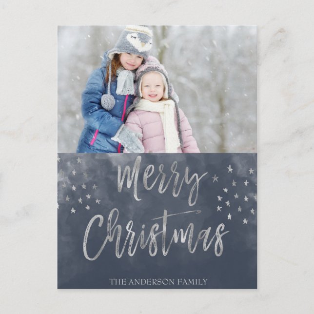 Merry Christmas Blue and Silver Watercolor Photo Holiday Postcard (Front)