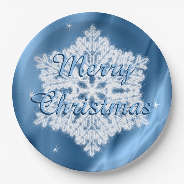 Merry Christmas Blue and White Snowflake Winter Paper Plate (Front)