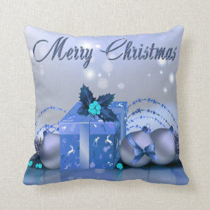 Merry Christmas Blue Baubles Cushion