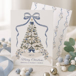 Merry Christmas Blue Bow Holiday Card<br><div class="desc">Send warm holiday greetings with this personalised Grandmillennial Christmas card featuring an elegant watercolor Christmas tree adorned with blue and silver ornaments, delicate stars, and festive ribbon accents. The design showcases a classic winter palette of soft ivory, navy, and frosty blue tones, topped with a hand-painted bow for a timeless,...</div>