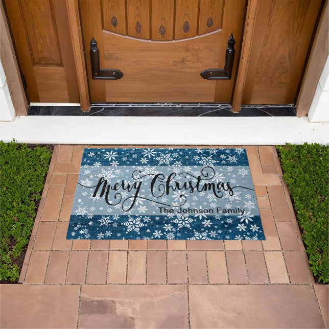 Merry Christmas Blue Burlap Snowflake Pattern Doormat (Outdoor)