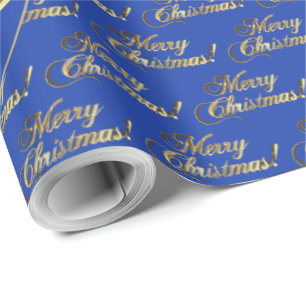 Merry Christmas Blue Faux Gold Foil Script Wrapping Paper