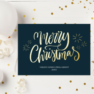 Merry Christmas Blue Gold Calligraphy Business Foil Holiday Card