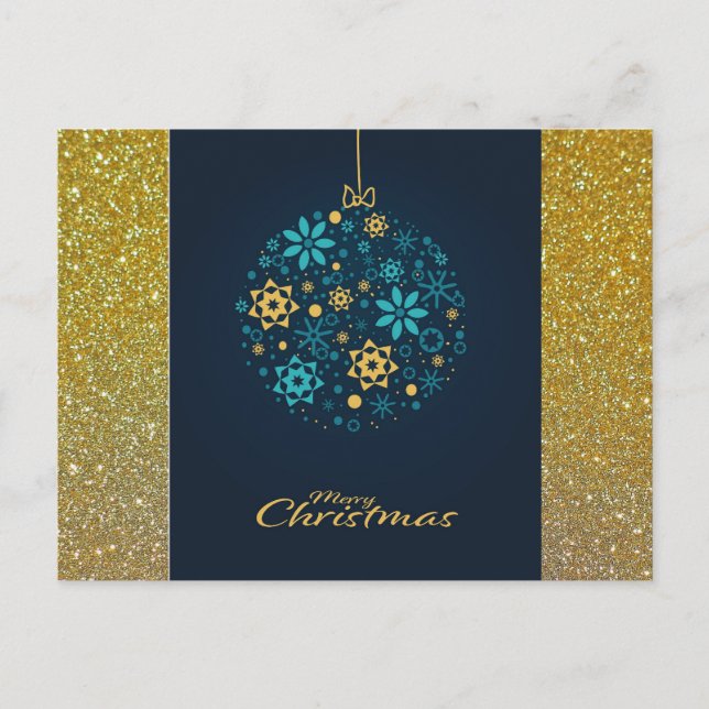 Merry Christmas Blue/Gold Ornament Holiday Postcard (Front)