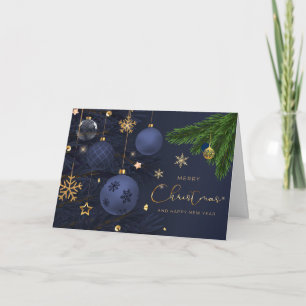 Merry Christmas Blue, Gold Ornaments  Card