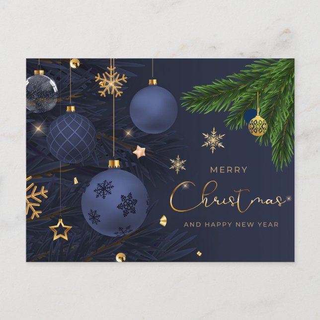 Merry Christmas Blue, Gold Ornaments  Holiday Postcard (Front)