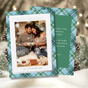 Merry Christmas Blue Green Plaid Tartan Photo Foil Holiday Card
