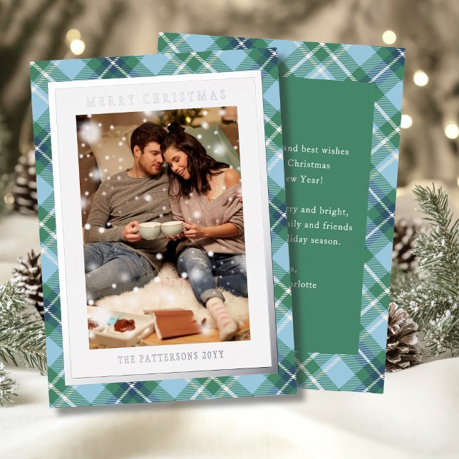 Merry Christmas Blue Green Plaid Tartan Photo Foil Holiday Card (Creator Uploaded)