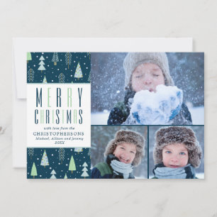 MERRY CHRISTMAS Blue Green Trees 3 Photos Holiday Card