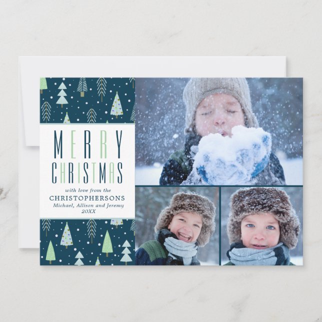 MERRY CHRISTMAS Blue Green Trees 3 Photos Holiday Card (Front)