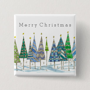 Merry Christmas Blue Holiday Trees Art 15 Cm Square Badge