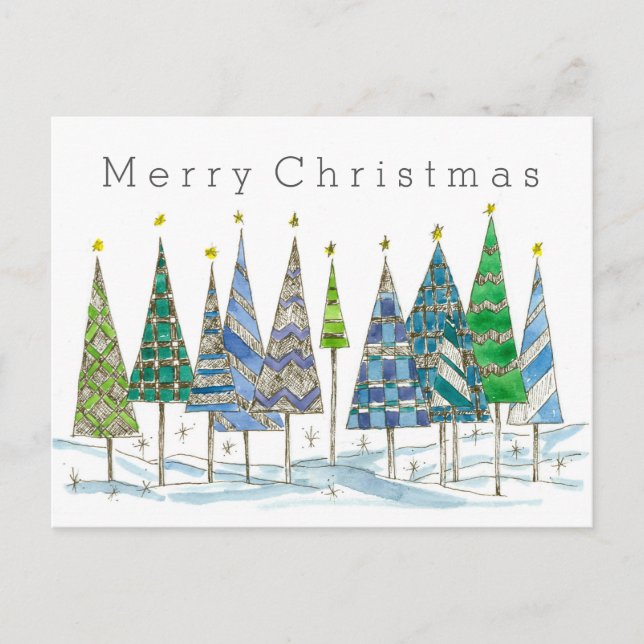 Merry Christmas Blue Holiday Trees Drawing Postcard (Front)