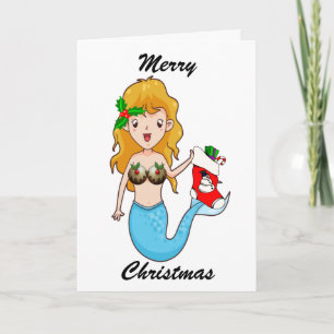 Merry Christmas Blue Mermaid With Stocking Holiday Card