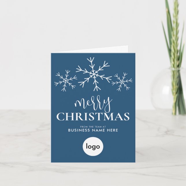 Merry Christmas Blue Modern Logo Business Holiday Card (Front)