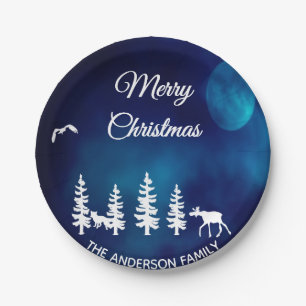 Merry Christmas blue night moon forest forest Paper Plate