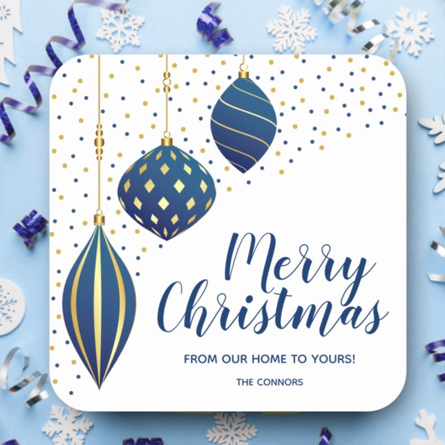 Merry Christmas Blue Ornaments Holiday Square Sticker (Creator Uploaded)