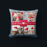 Merry Christmas Blue Photo Collage | Custom Cushion<br><div class="desc">Simply precious holiday photo greeting card pillow features a realistic photo frame overlay that you customise with your own special family photos or the photos of your choice. The stripe textured holiday ribbon features the ability to to write "Merry Christmas" in a modern beautiful script, or to write a note...</div>