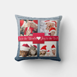 Merry Christmas Blue Photo Collage Custom Cushion