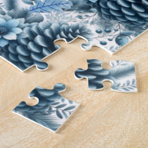 Merry Christmas Blue Pinecones Jigsaw Puzzle