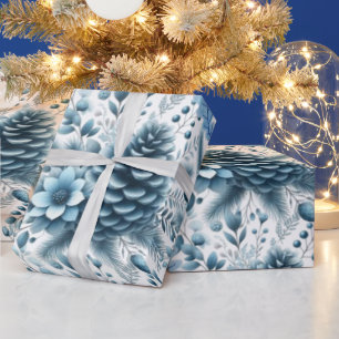 Merry Christmas Blue Pinecones Wrapping Paper