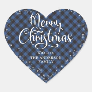 Merry Christmas Blue Plaid Calligraphy Snow Heart Sticker
