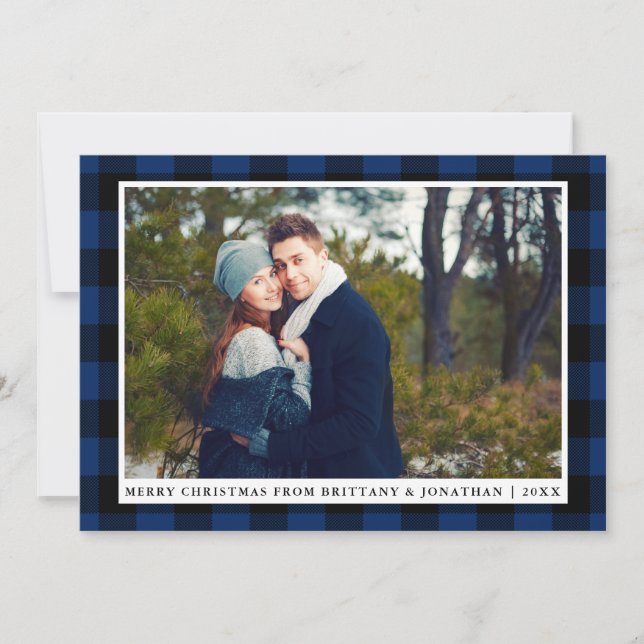Merry Christmas Blue Plaid Couple Photo Card (Front)
