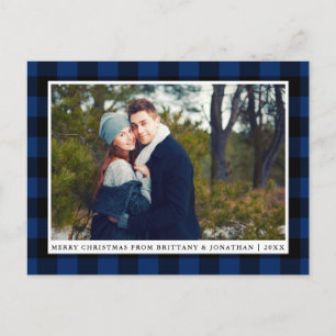 Merry Christmas Blue Plaid Couple Photo Postcard