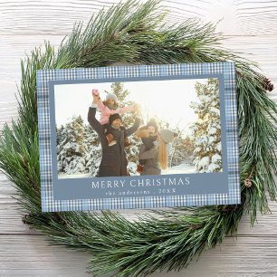 Merry Christmas Blue Plaid Photo Holiday Card