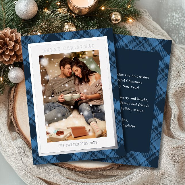 Merry Christmas Blue Plaid Tartan Photo Foil Holiday Card (Creator Uploaded)