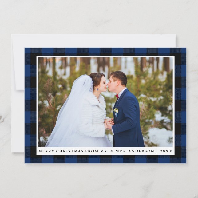 Merry Christmas Blue Plaid Wedding Photo Card (Front)