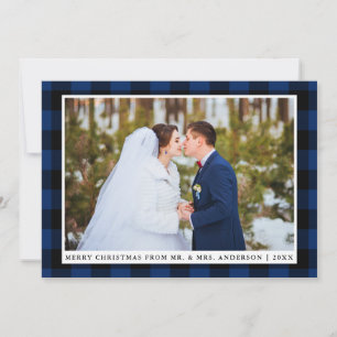 Merry Christmas Blue Plaid Wedding Photo Card