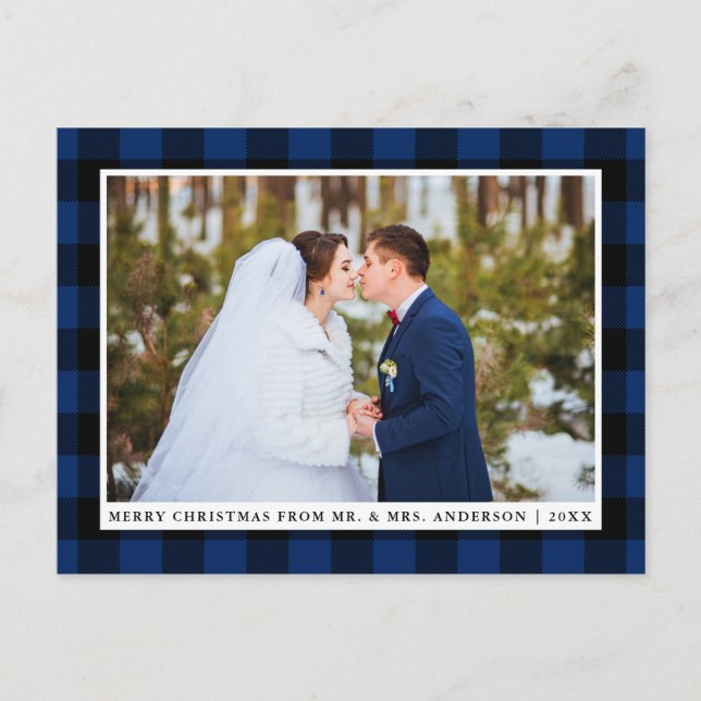 Merry Christmas Blue Plaid Wedding Photo Postcard (Front)