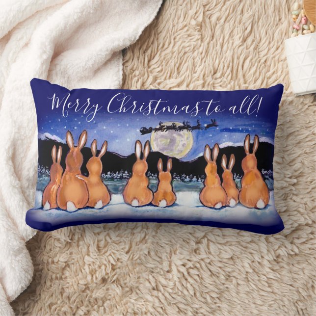 Merry Christmas Blue Rabbit Night Scene Sleigh Lumbar Cushion (Blanket)