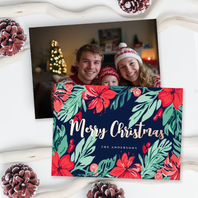 Merry Christmas Blue Red Elegant Botanical Photo Foil Holiday Card (Creator Uploaded)