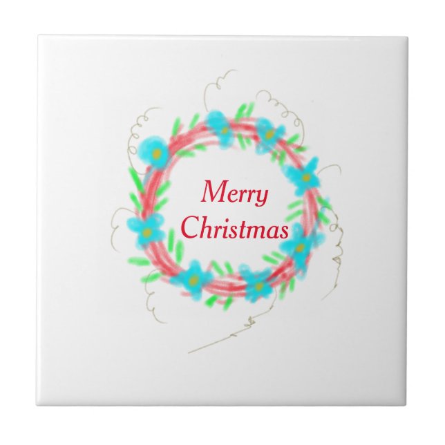 Merry Christmas blue red garland watercolor holida Ceramic Tile (Front)