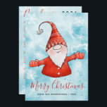 Merry Christmas Blue Red Gnome 2025 Calendar Holiday Card<br><div class="desc">Create cute personalised Christmas cards with Merry Christmas greetings from your family. The backside has a 2025 calendar and a Peace, love, joy saying. The design with a cheerful gnome in festive red clothes on the snowy background is perfect for family, friends, neighbours, or colleagues. The template makes it easy...</div>