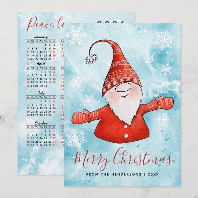 Merry Christmas Blue Red Gnome 2025 Calendar Holiday Card (Front/Back)