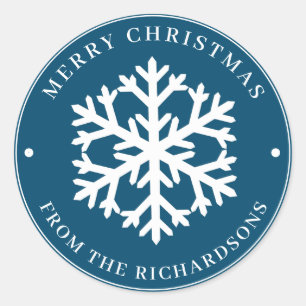 Merry Christmas Blue Round White Snowflake  Classic Round Sticker