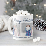 Merry Christmas Blue Script Custom Photo Collage Coffee Mug<br><div class="desc">Personalise this festive Christmas coffee or hot cocoa mug with three (3) photos and custom text. The default design features "Merry Christmas Wishes" in script with three photos of children and a custom message to Grandma. Includes snowflake sketches and navy blue text that can be customised to a different colour....</div>