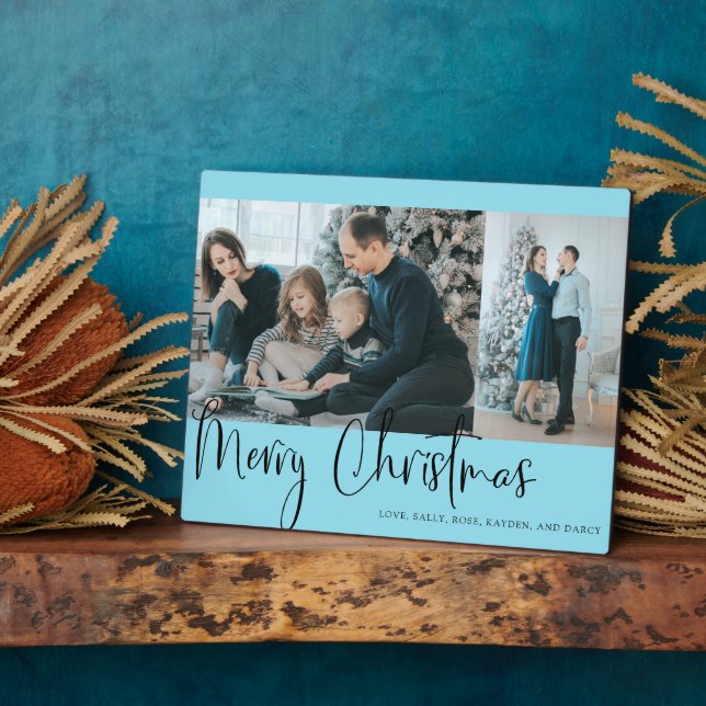 Merry Christmas Blue Script Photo Collage Holiday Plaque (Side)