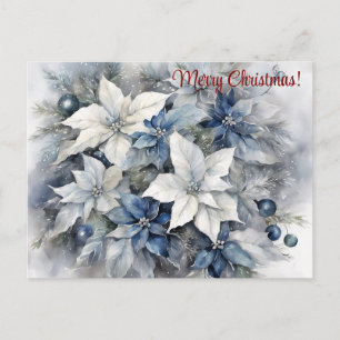 Merry Christmas Blue Silver Poinsettia Postcard